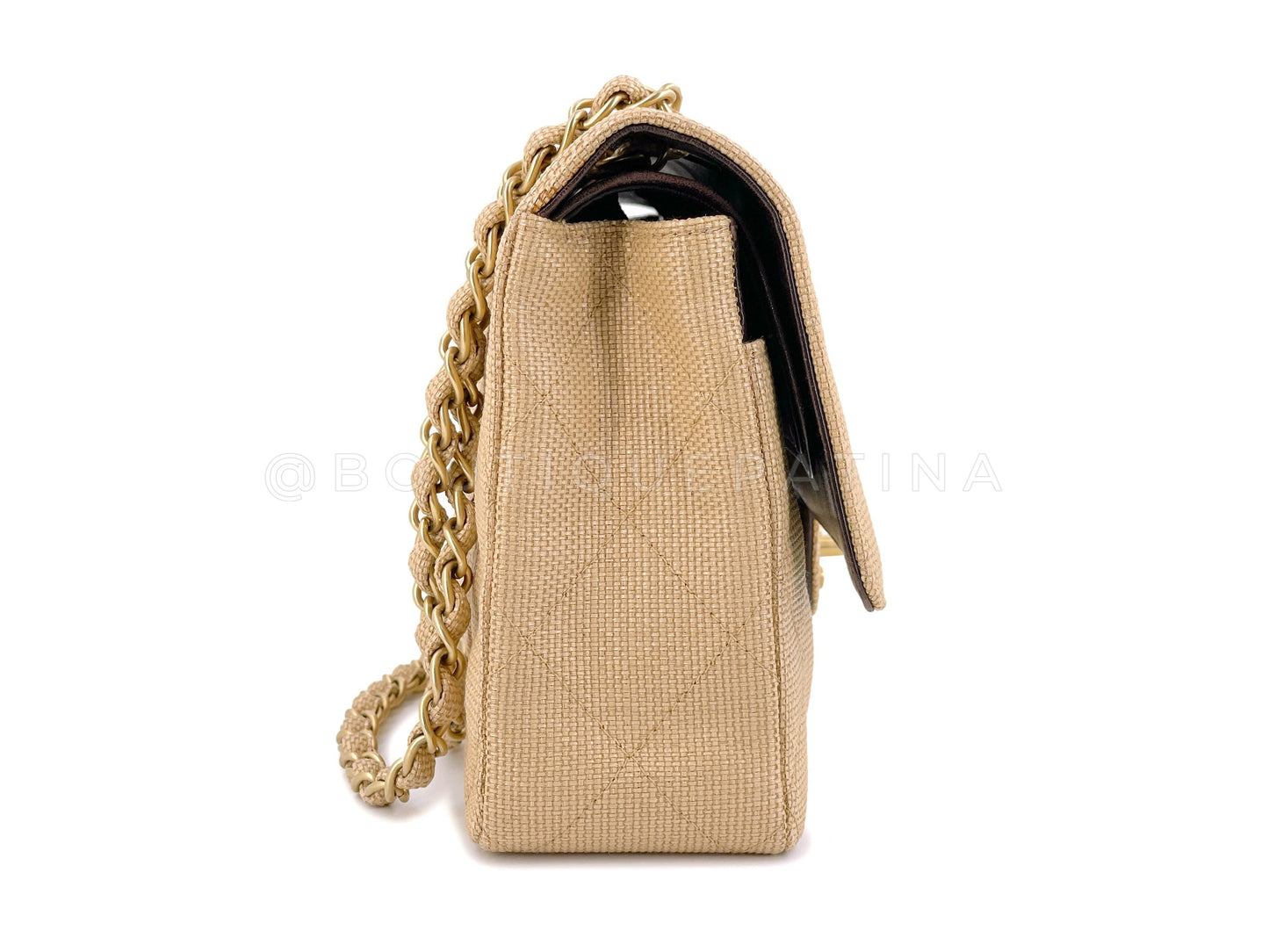 Rare Chanel 2003 Vintage Beige Raffia Medium Classic Double Flap Bag GHW