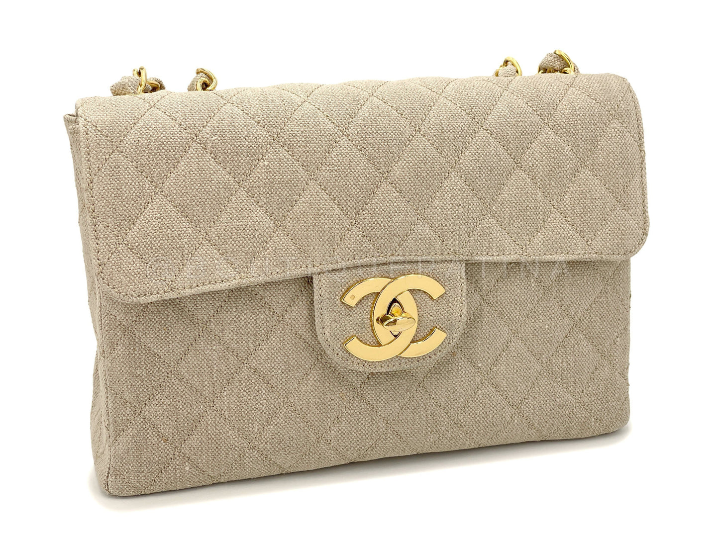 Chanel 1994 Vintage Beige Linen Canvas Classic Jumbo Flap Bag 24k GHW