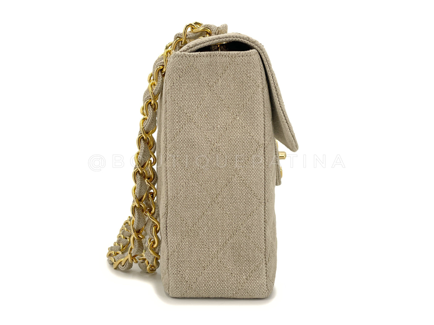 Chanel 1994 Vintage Beige Linen Canvas Classic Jumbo Flap Bag 24k GHW