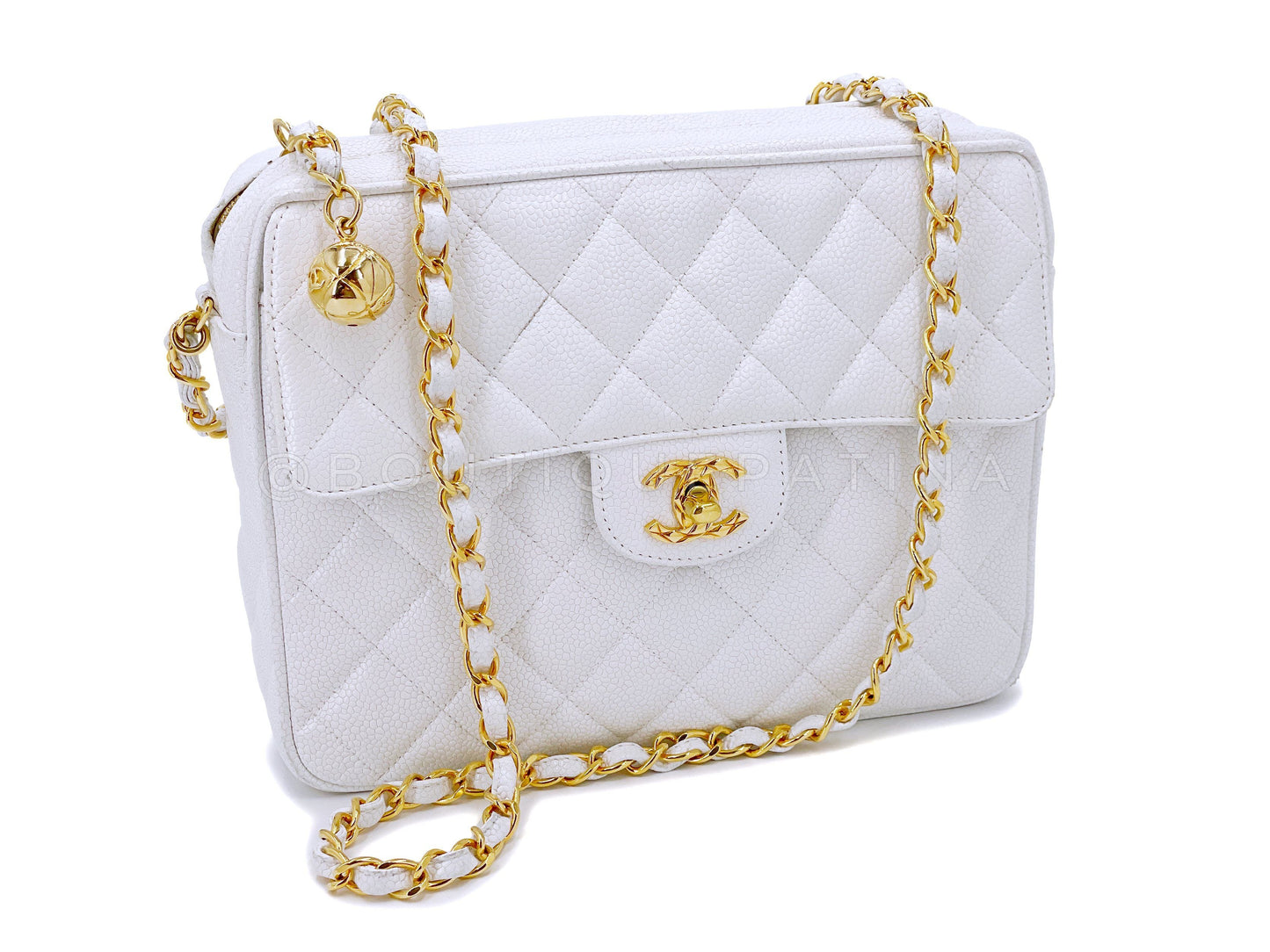 Chanel 1994 Vintage White Caviar Flap Camera Case Bag 24k GHW