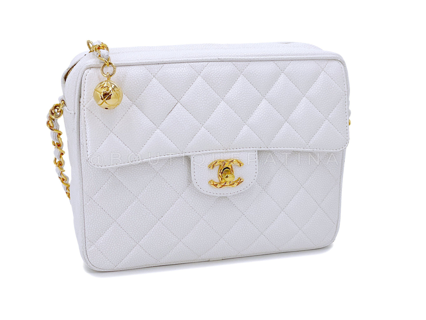 Chanel 1994 Vintage White Caviar Flap Camera Case Bag 24k GHW