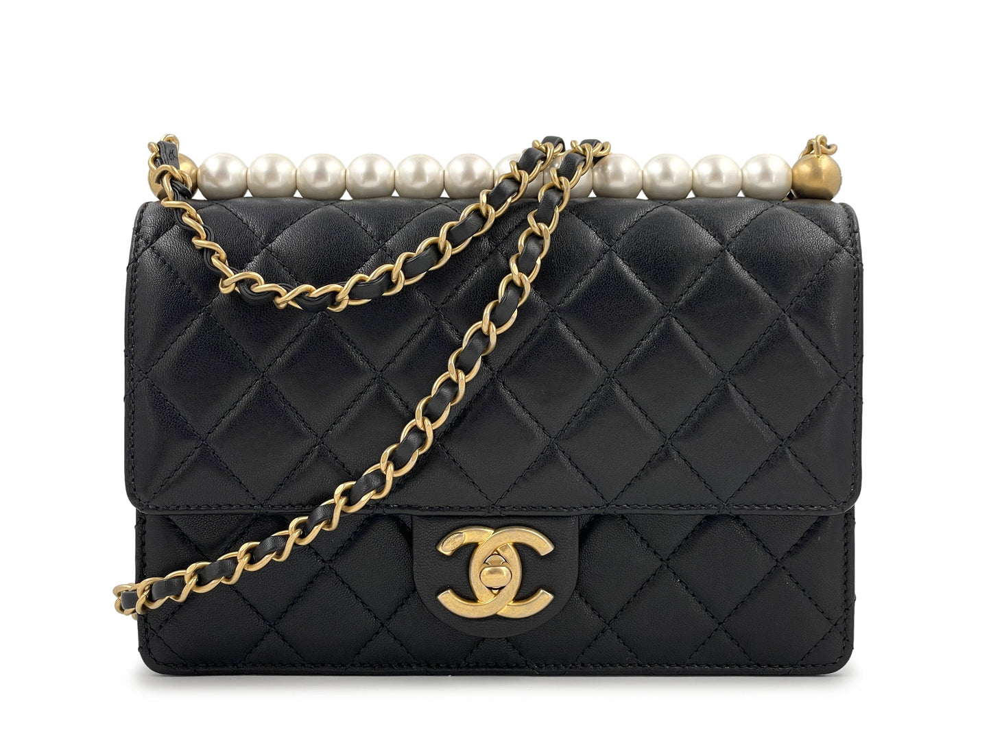 Pristine Chanel 19S Chic Pearls Flap Bag Black GHW