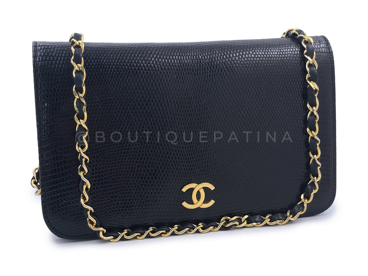 Pristine Chanel 1989 Vintage Black Lizard Full Flap Bag 24k GHW