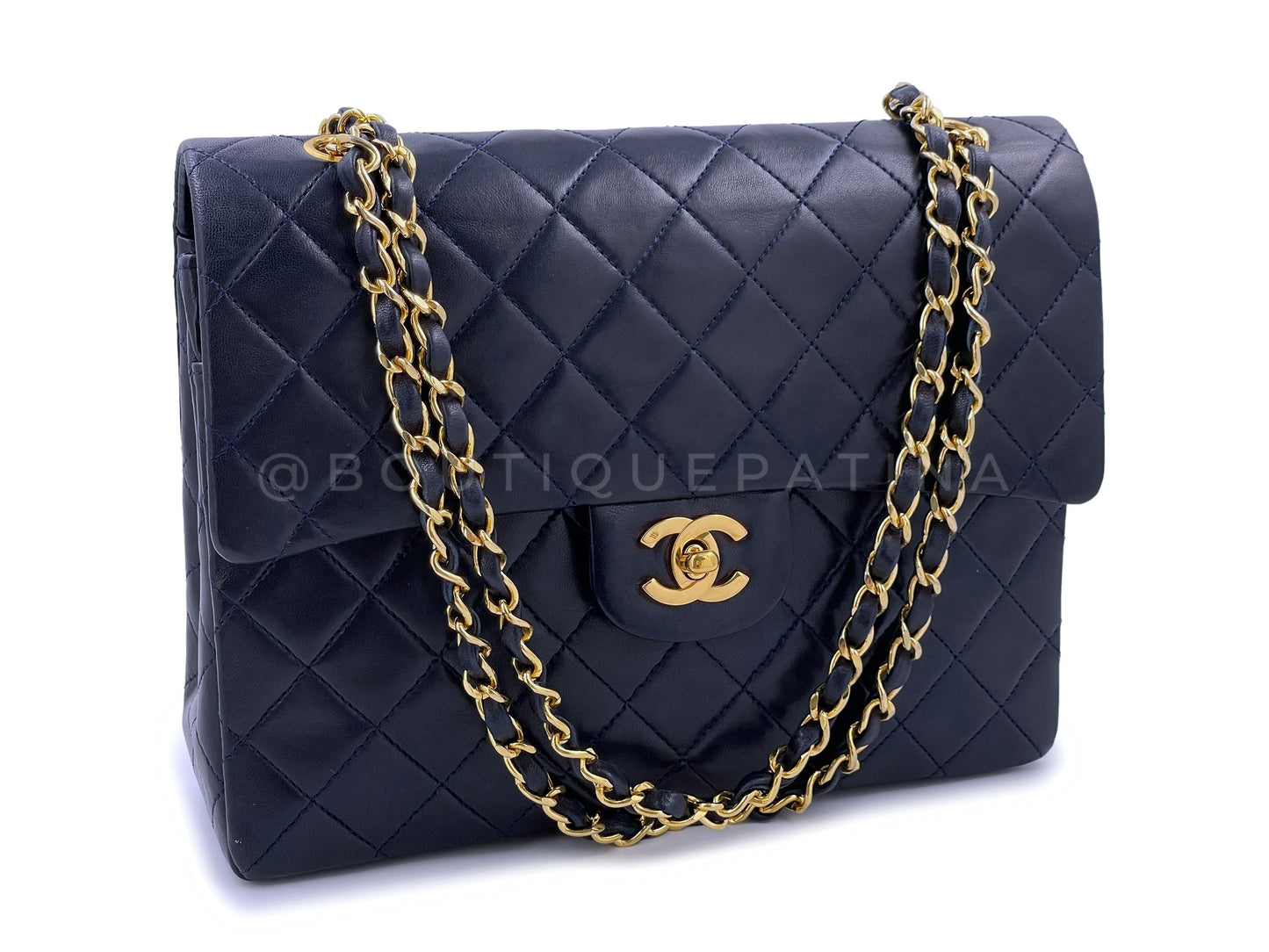 Chanel 1989 Vintage Blue-Black Tall Medium Classic Double Flap Bag 24k GHW