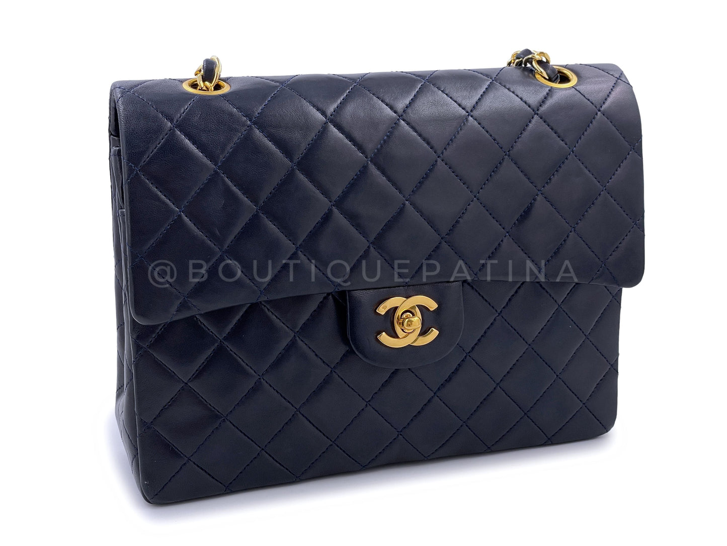 Chanel 1989 Vintage Blue-Black Tall Medium Classic Double Flap Bag 24k GHW