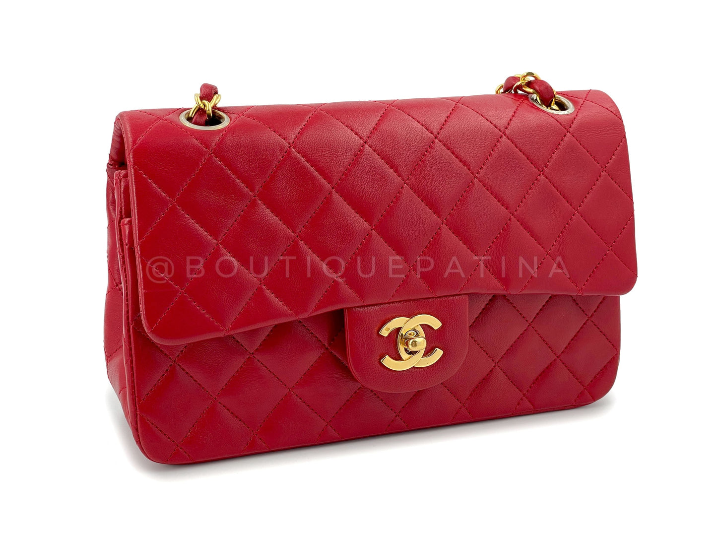 Chanel 1989 Vintage Red Small Classic Double Flap Bag 24k GHW Lambskin