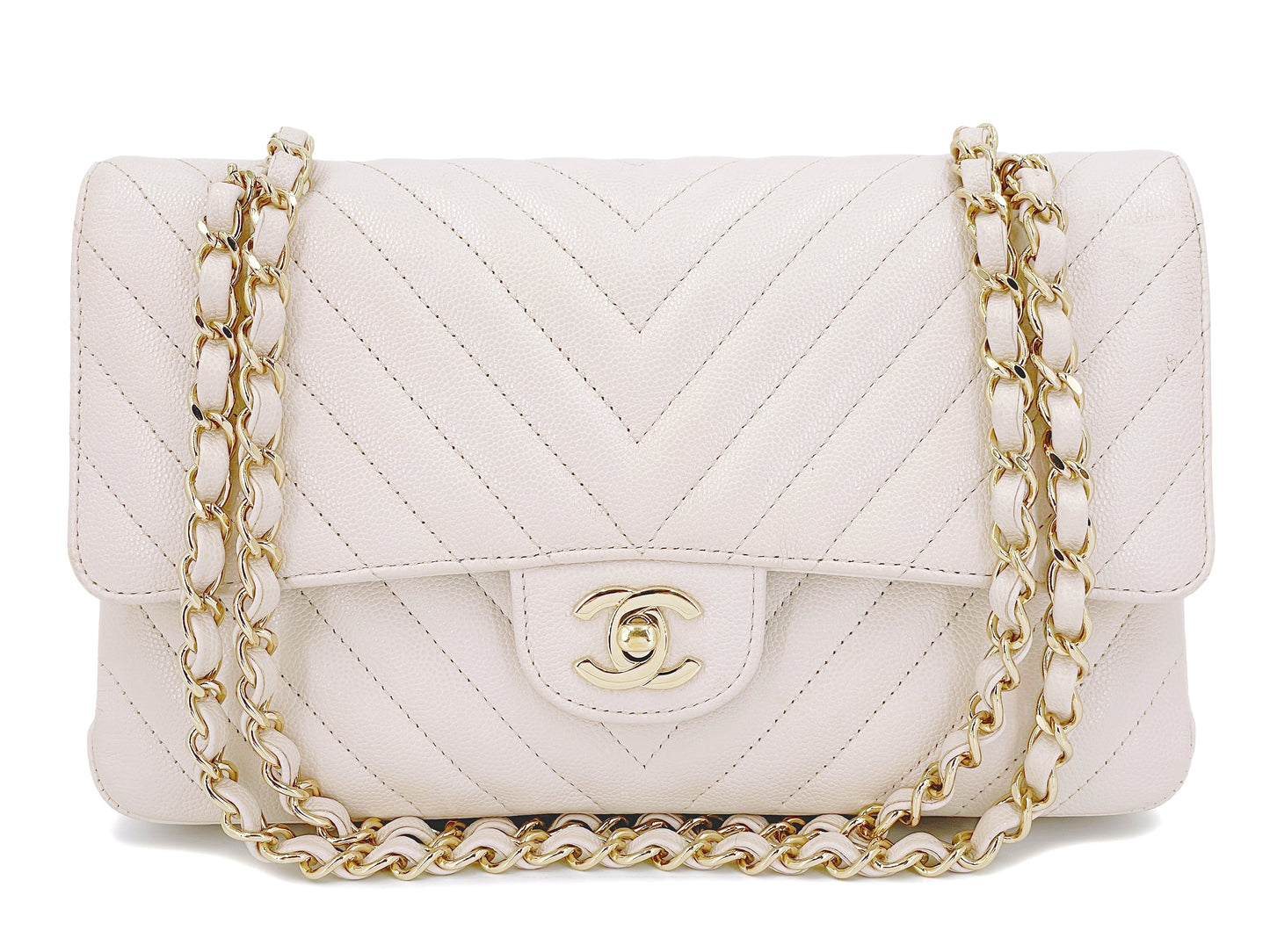 Chanel 2018 Cream Caviar Chevron Medium Classic Double Flap Bag GHW