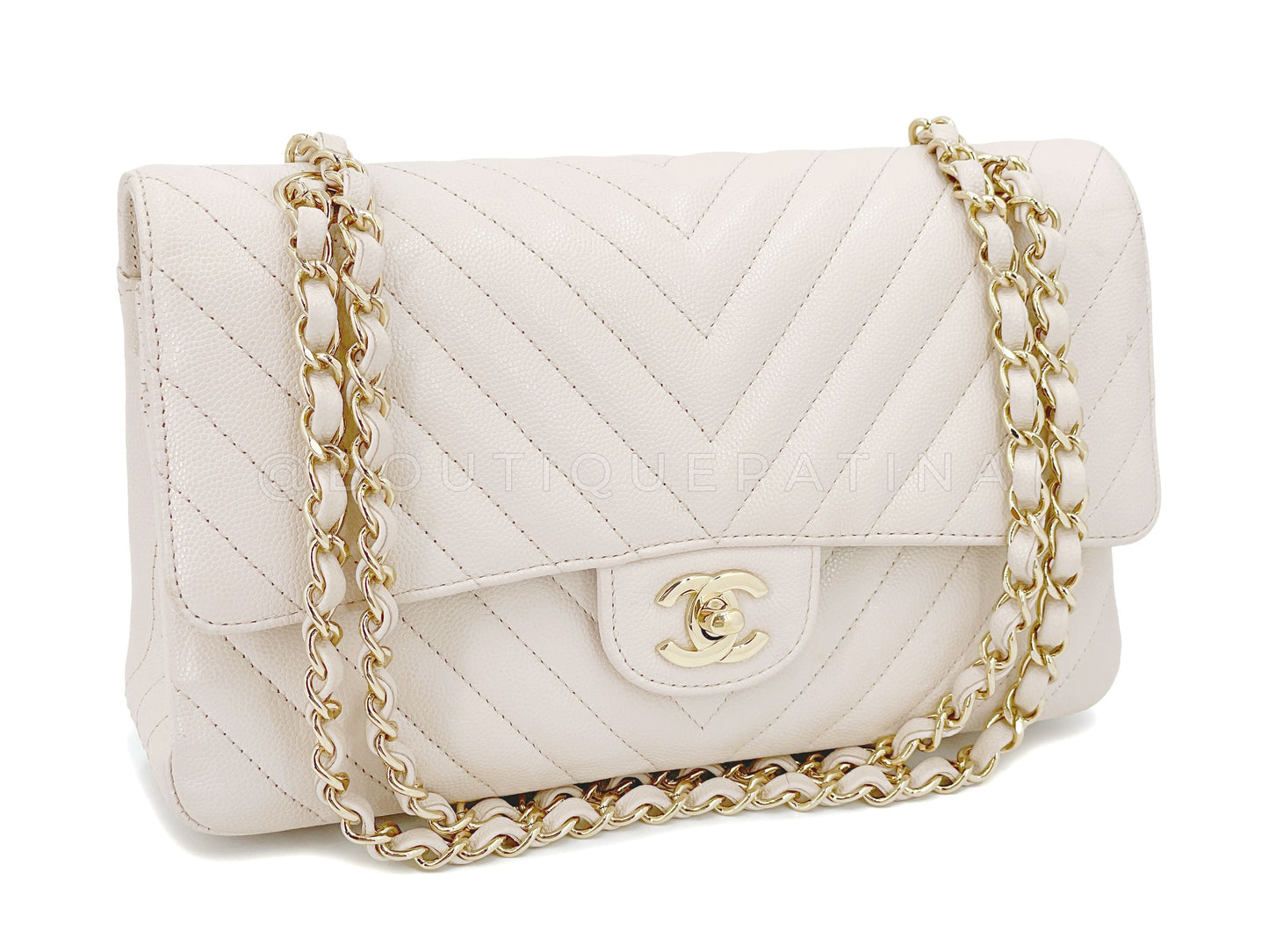 Chanel 2018 Cream Caviar Chevron Medium Classic Double Flap Bag GHW