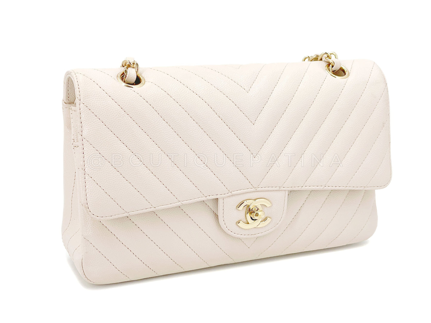 Chanel 2018 Cream Caviar Chevron Medium Classic Double Flap Bag GHW