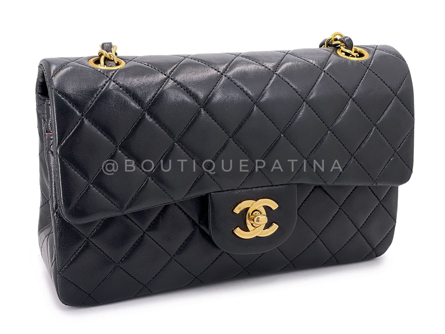 Chanel 1990 Vintage Black Lambskin Small Classic Double Flap Bag 24k GHW AGE