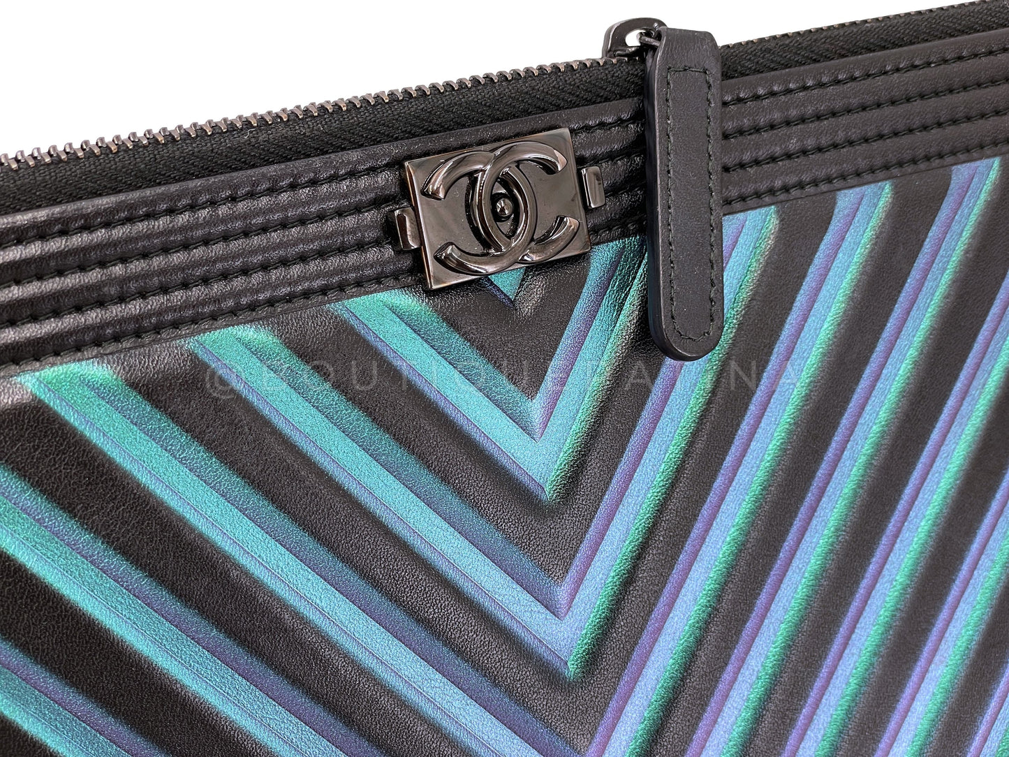 Chanel 2017 So Black Chevron Boy Mermaid Turquoise Violet O Case Clutch Bag