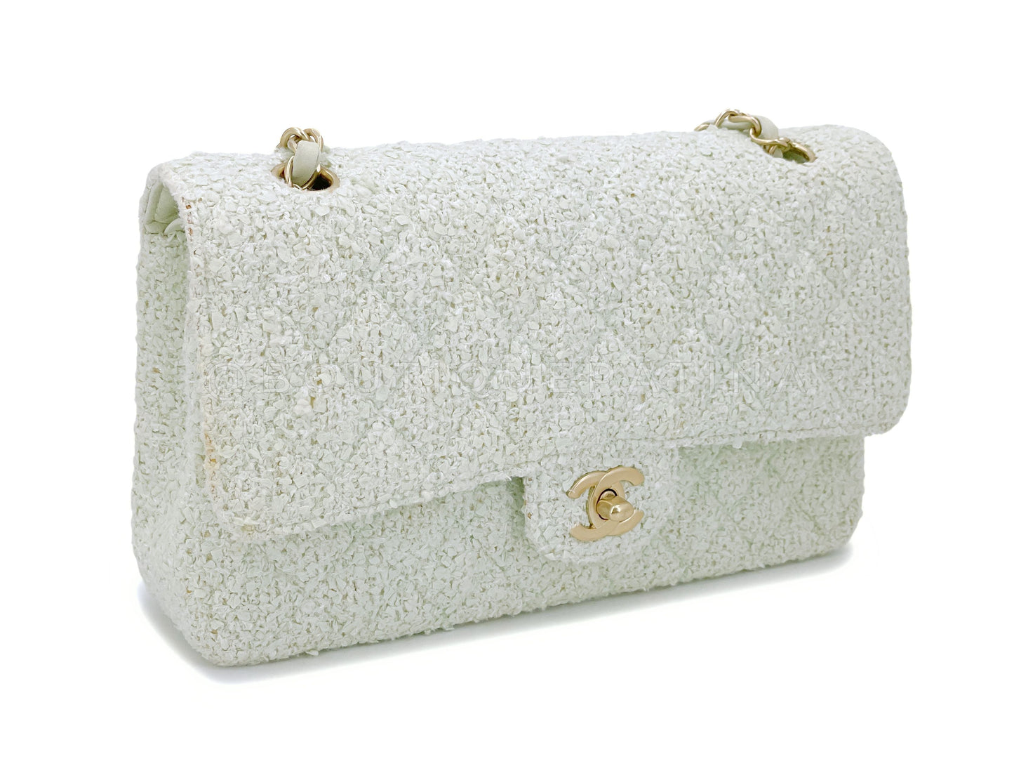 Chanel 2004 Vintage Pale Green Boucle Tweed Medium Classic Double Flap Bag GHW