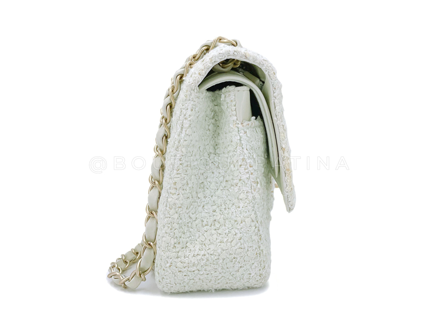Chanel 2004 Vintage Pale Green Boucle Tweed Medium Classic Double Flap Bag GHW