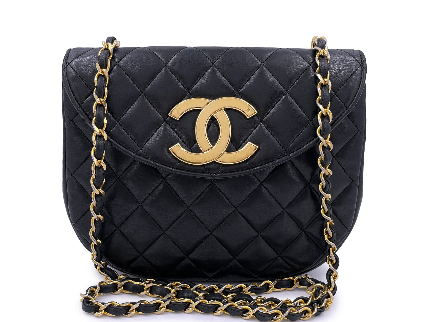 Chanel 1989 Vintage Round Half Moon Flap Bag 24k GHW Black HWA