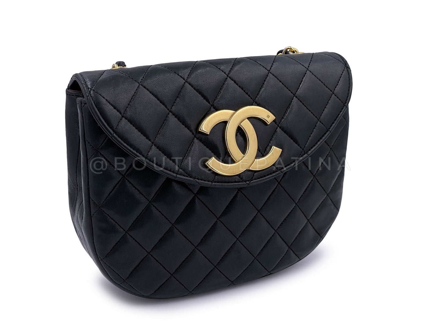 Chanel 1989 Vintage Round Half Moon Flap Bag 24k GHW Black HWA