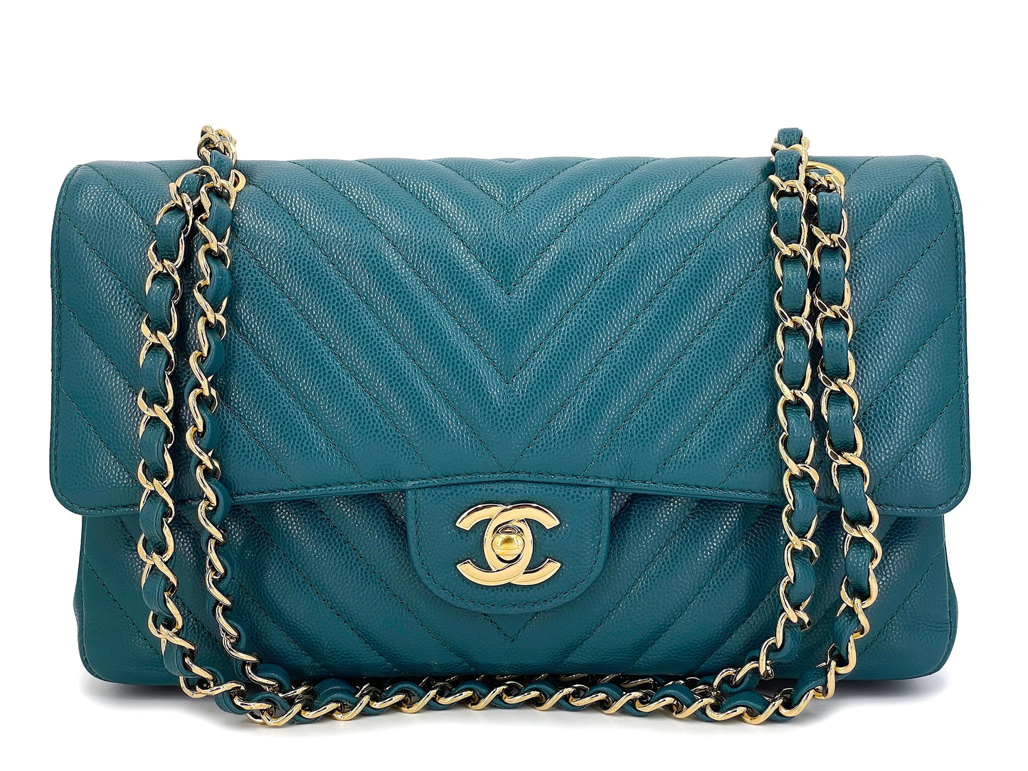 Chanel Teal Green Chevron Caviar Medium Classic Double Flap Bag GHW