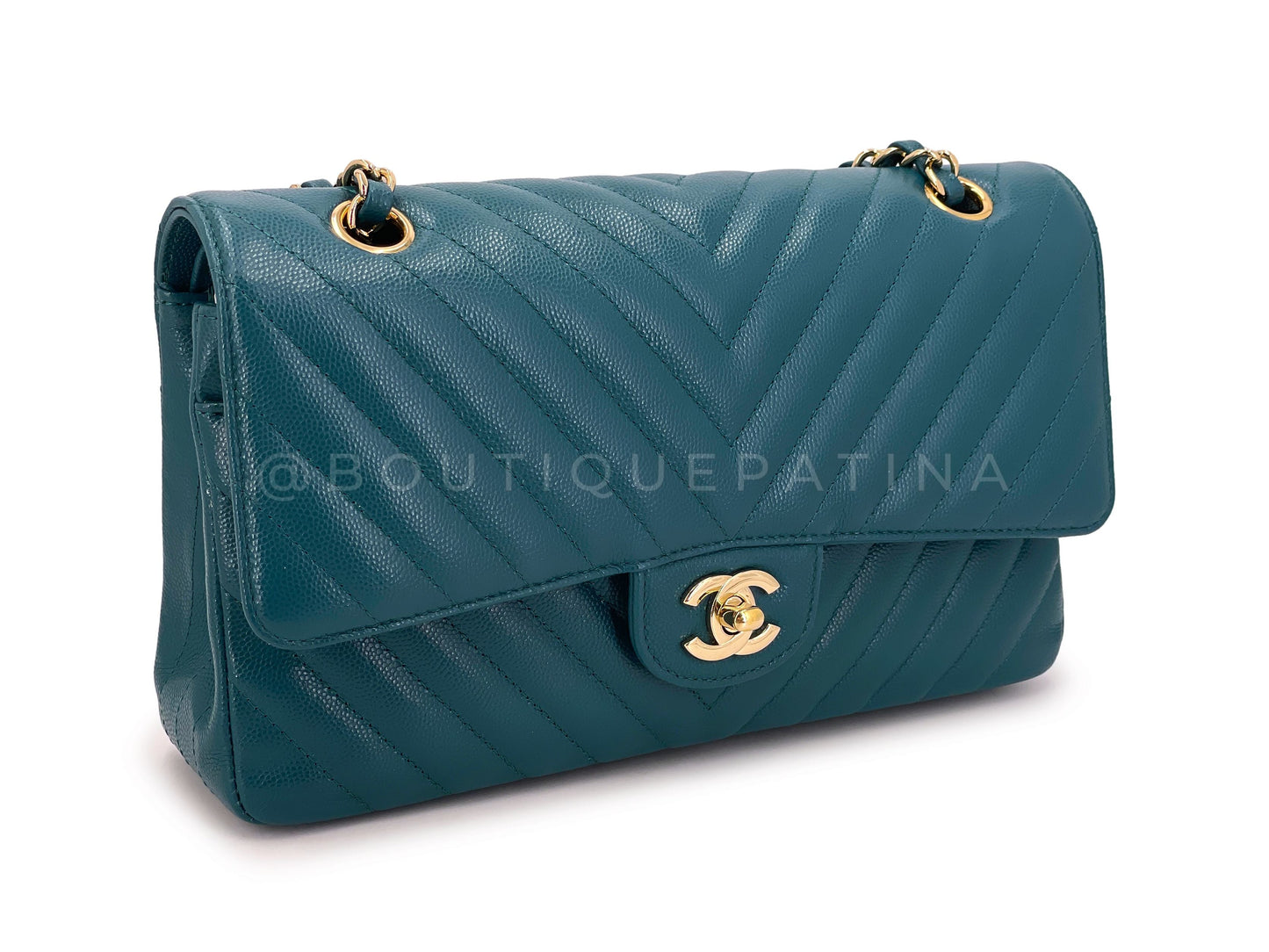 Chanel Teal Green Chevron Caviar Medium Classic Double Flap Bag GHW