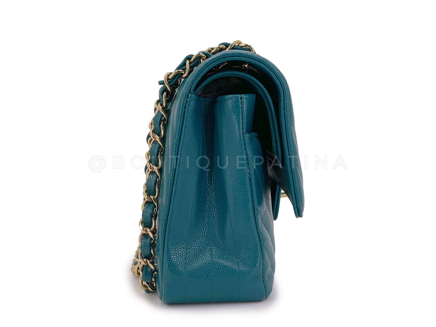Chanel Teal Green Chevron Caviar Medium Classic Double Flap Bag GHW