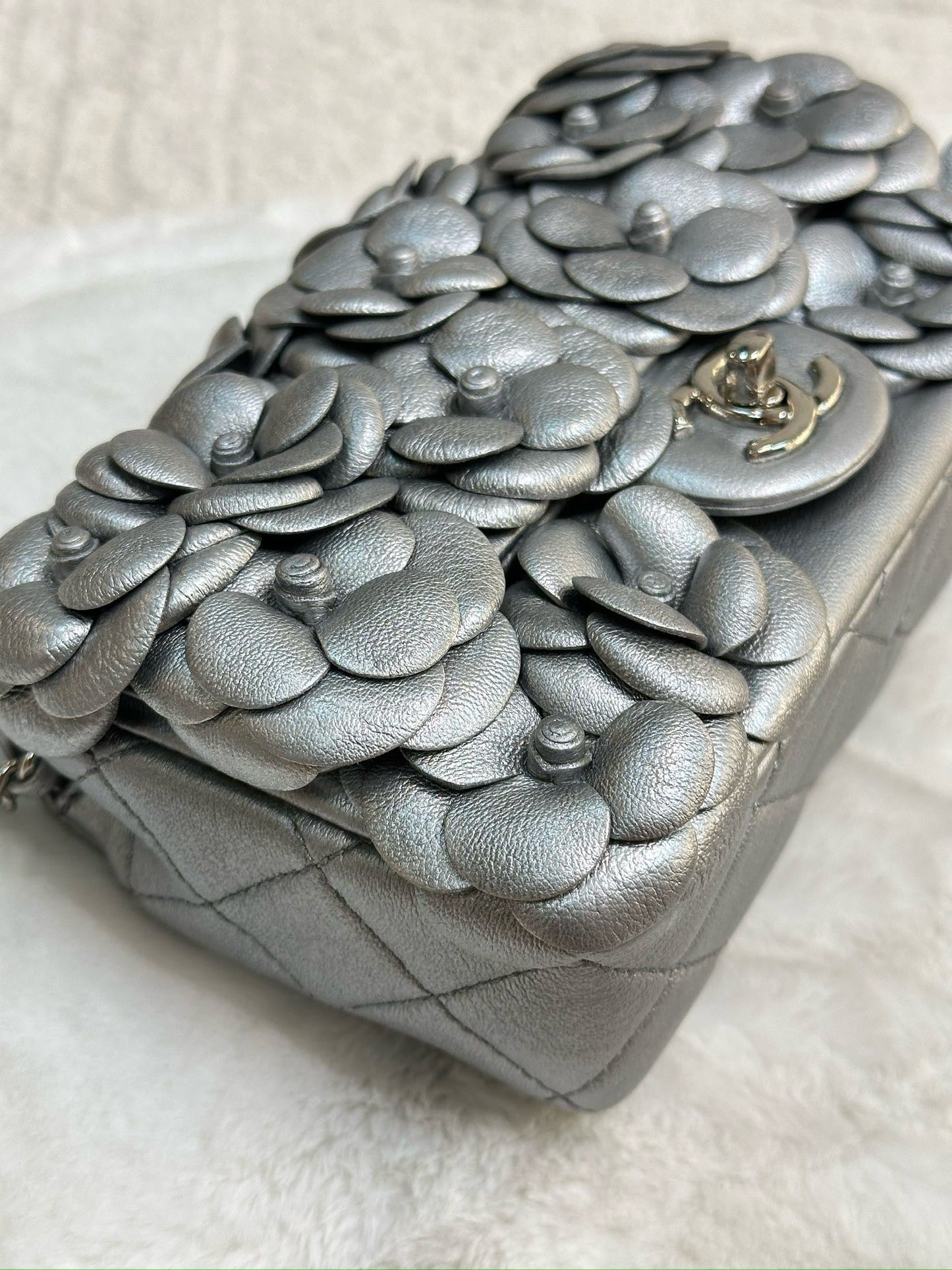 Chanel Mini Camellia Lambskin Shiny Silver SHW