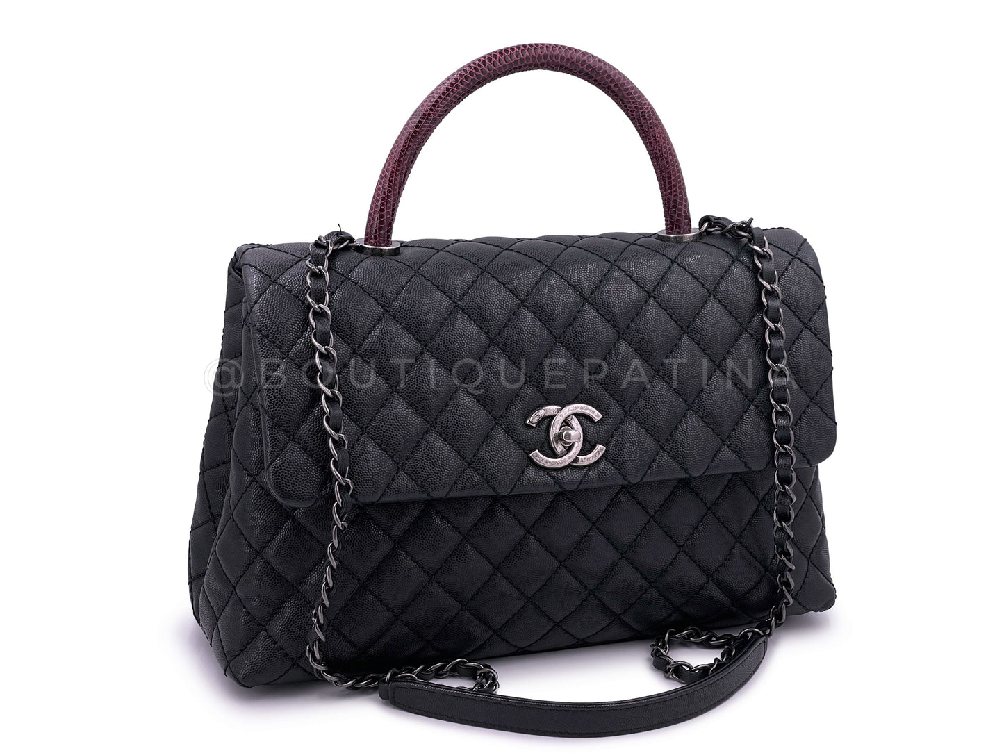 Chanel Medium Caviar Coco Handle Flap Bag Black 2-Way Lizard RHW