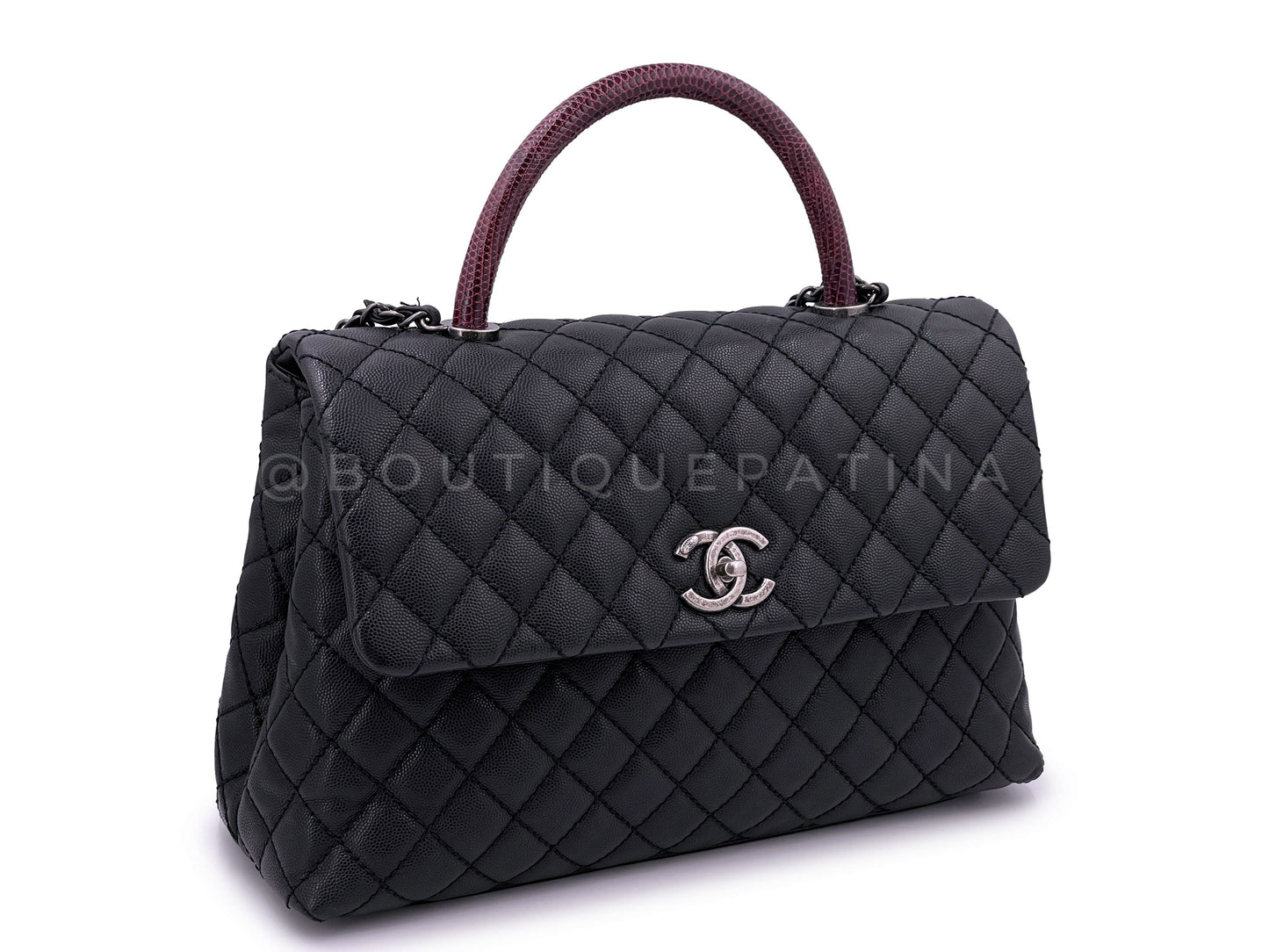 Chanel Medium Caviar Coco Handle Flap Bag Black 2-Way Lizard RHW