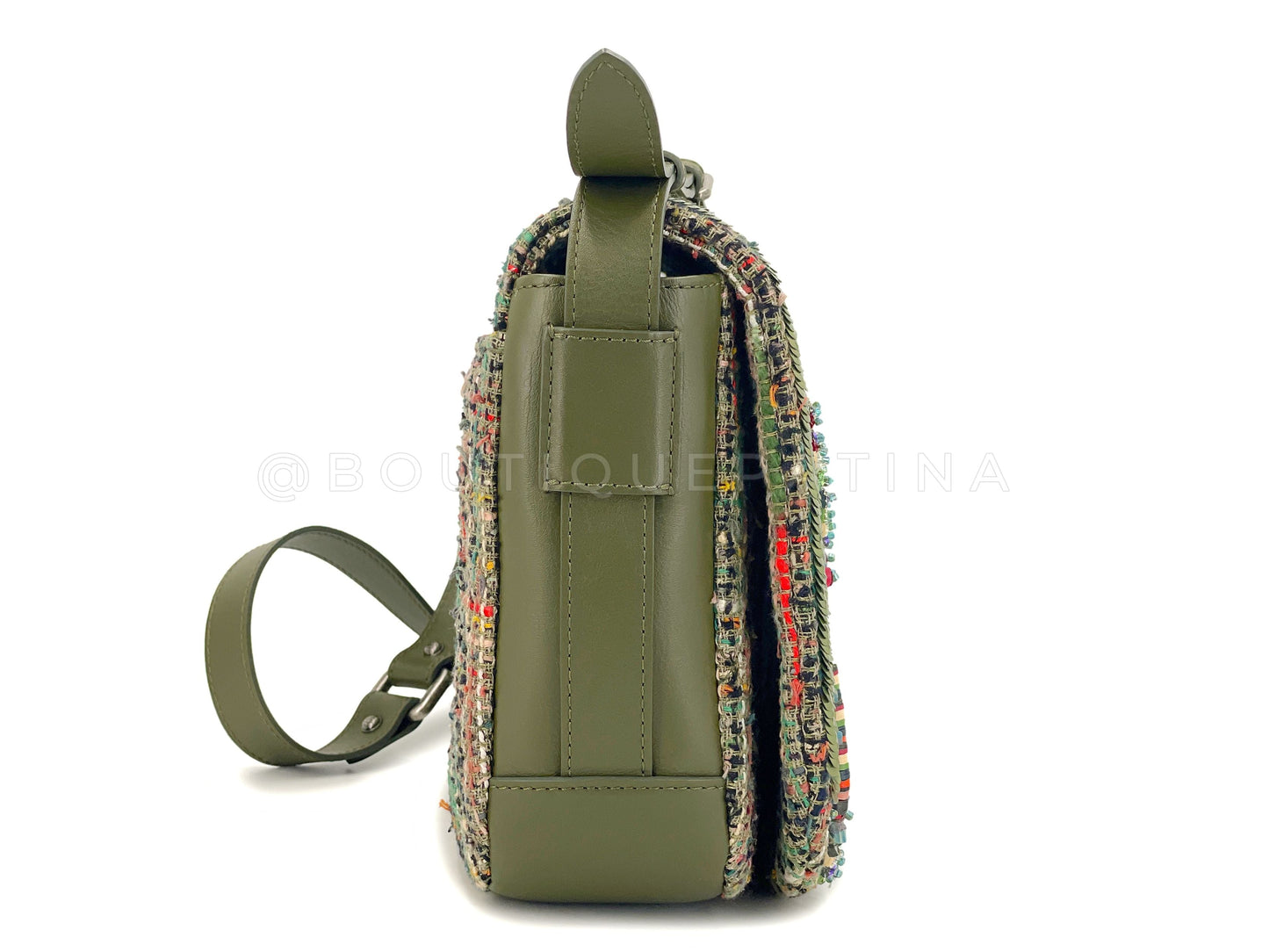 Rare 17C Chanel Green Sequin Tweed Cuba Messenger Bag