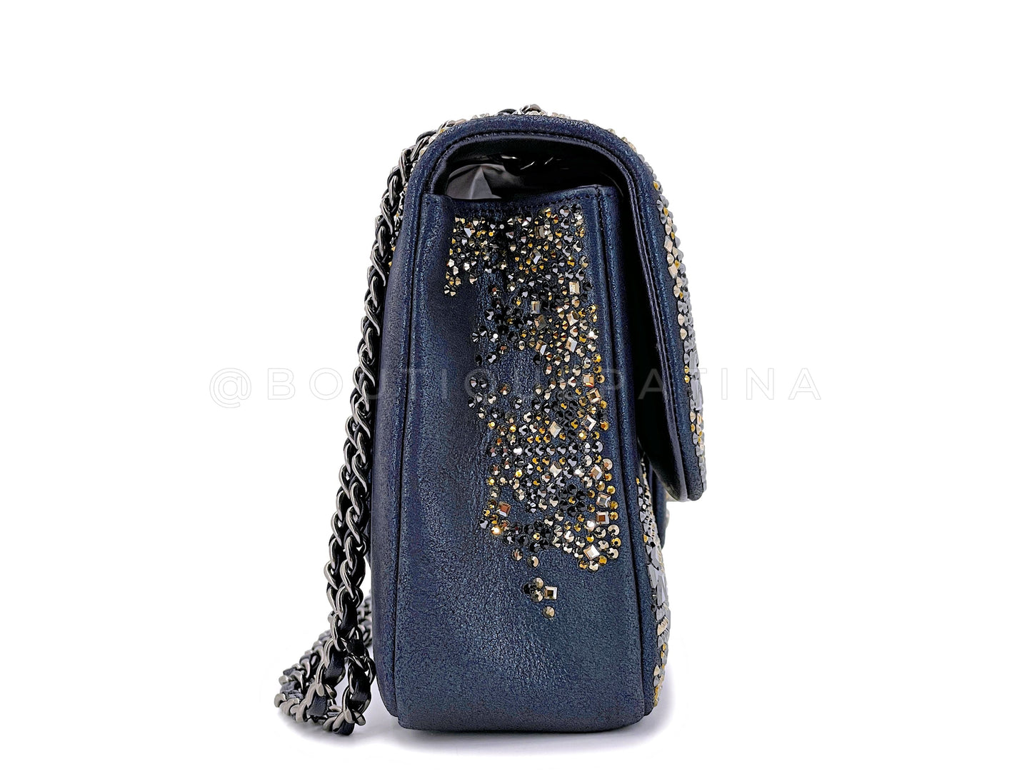 Chanel 16A Strass Crystal Buonasera Goatskin Medium Classic Flap Bag RHW Blue