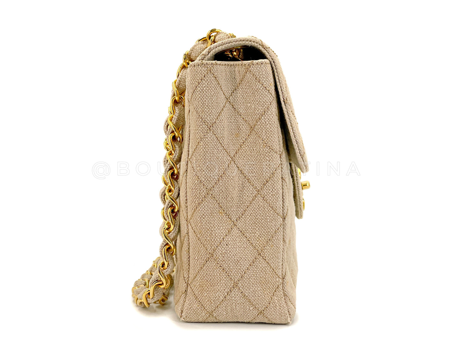 Rare Chanel 1994 Vintage Light Taupe Beige Linen Jumbo Classic Flap Bag 24k GHW