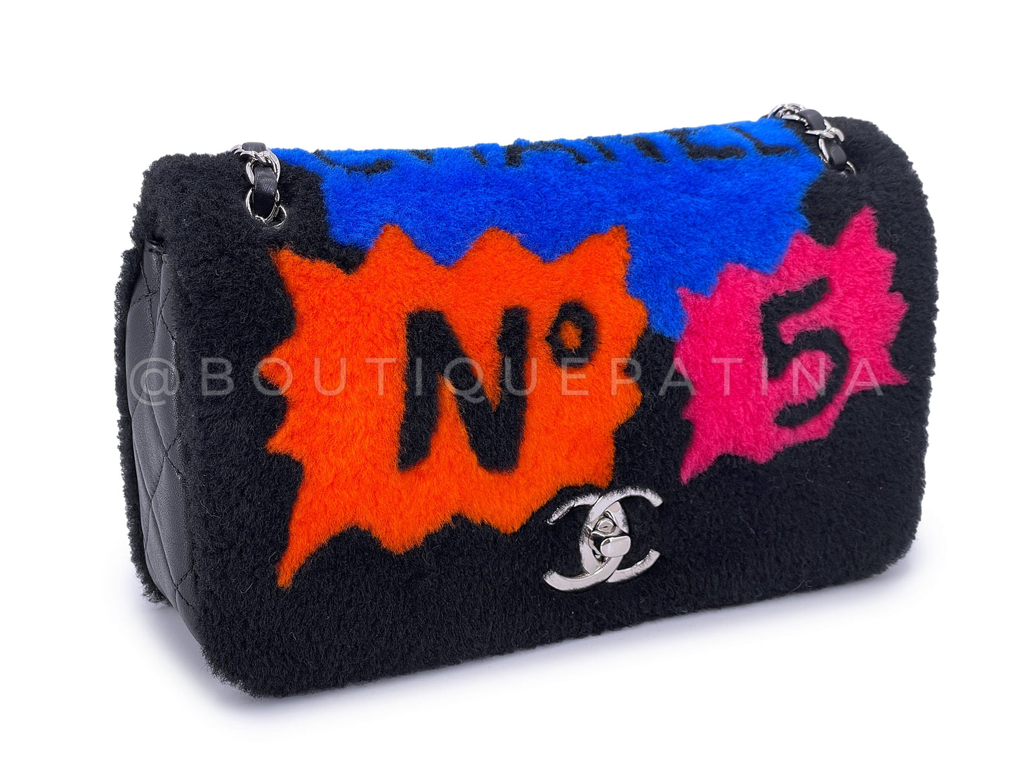 Chanel 2014 Supermarket Comic Black Multicolor Shearling Flap Bag