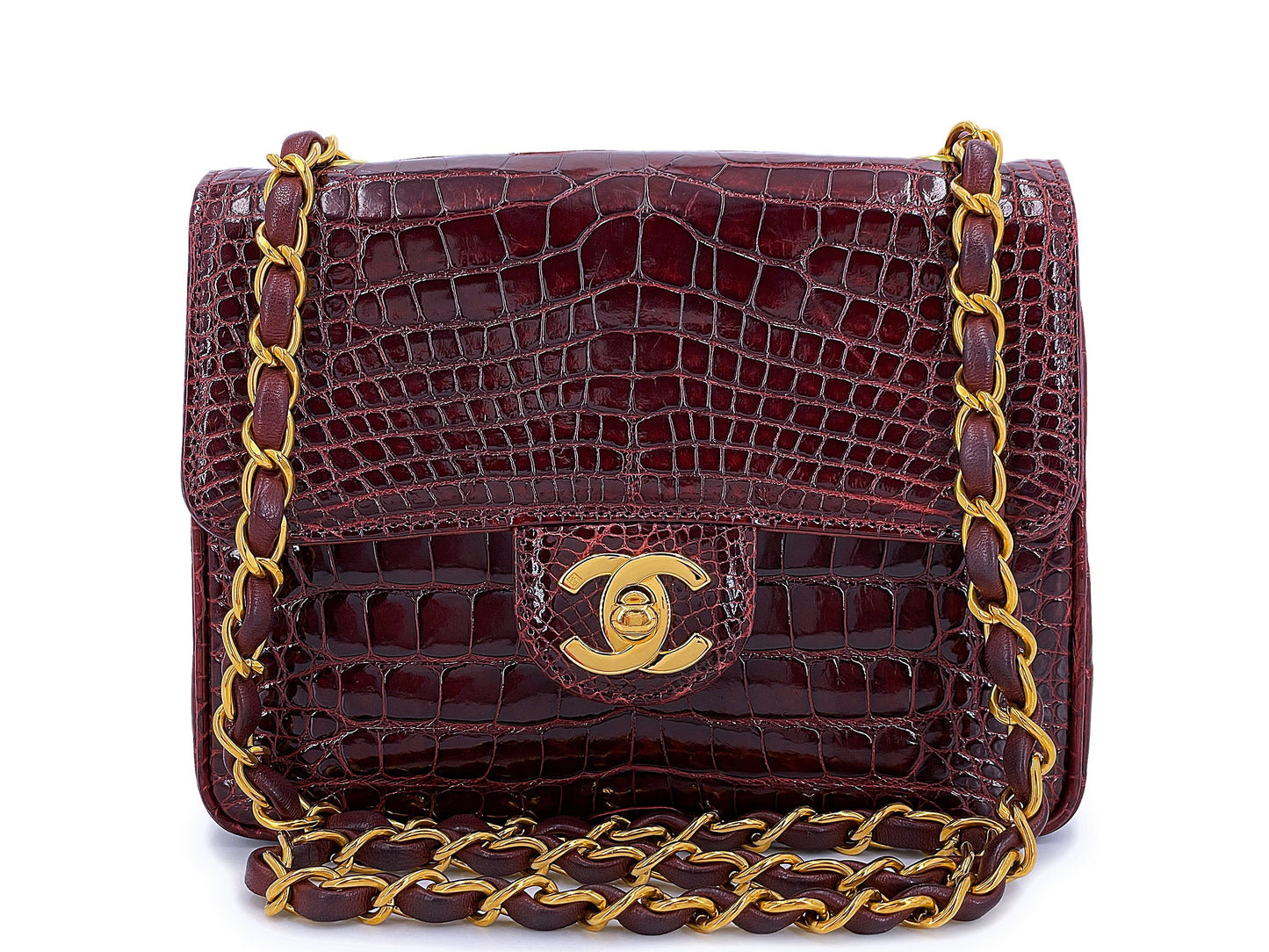 Chanel 1996 Vintage Burgundy Alligator Crocodile Square Mini Flap Bag 24k GHW 4RU