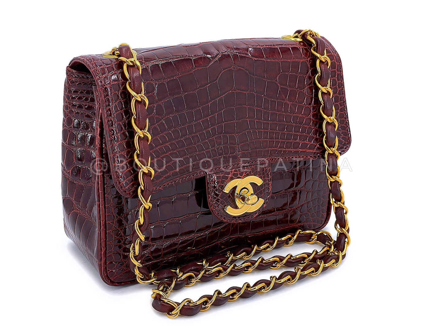 Chanel 1996 Vintage Burgundy Alligator Crocodile Square Mini Flap Bag 24k GHW 4RU