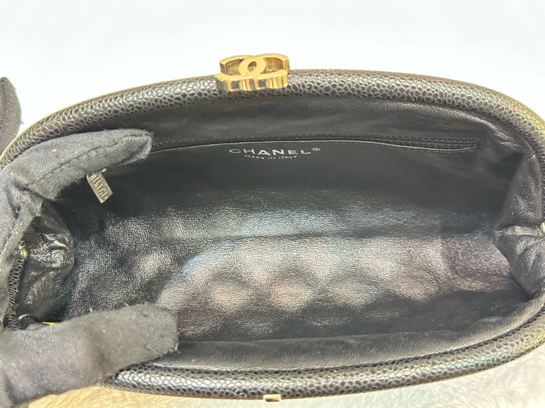 Chanel Quilted Timeless Kisslock Clutch Black Caviar SHW 1634 holo card