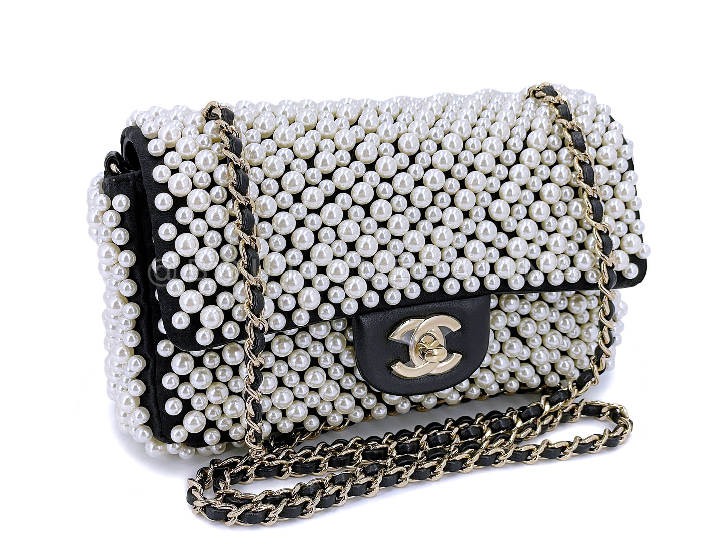 Rare 2019 Chanel Black Pearl Studded Mini Classic Flap Bag GHW