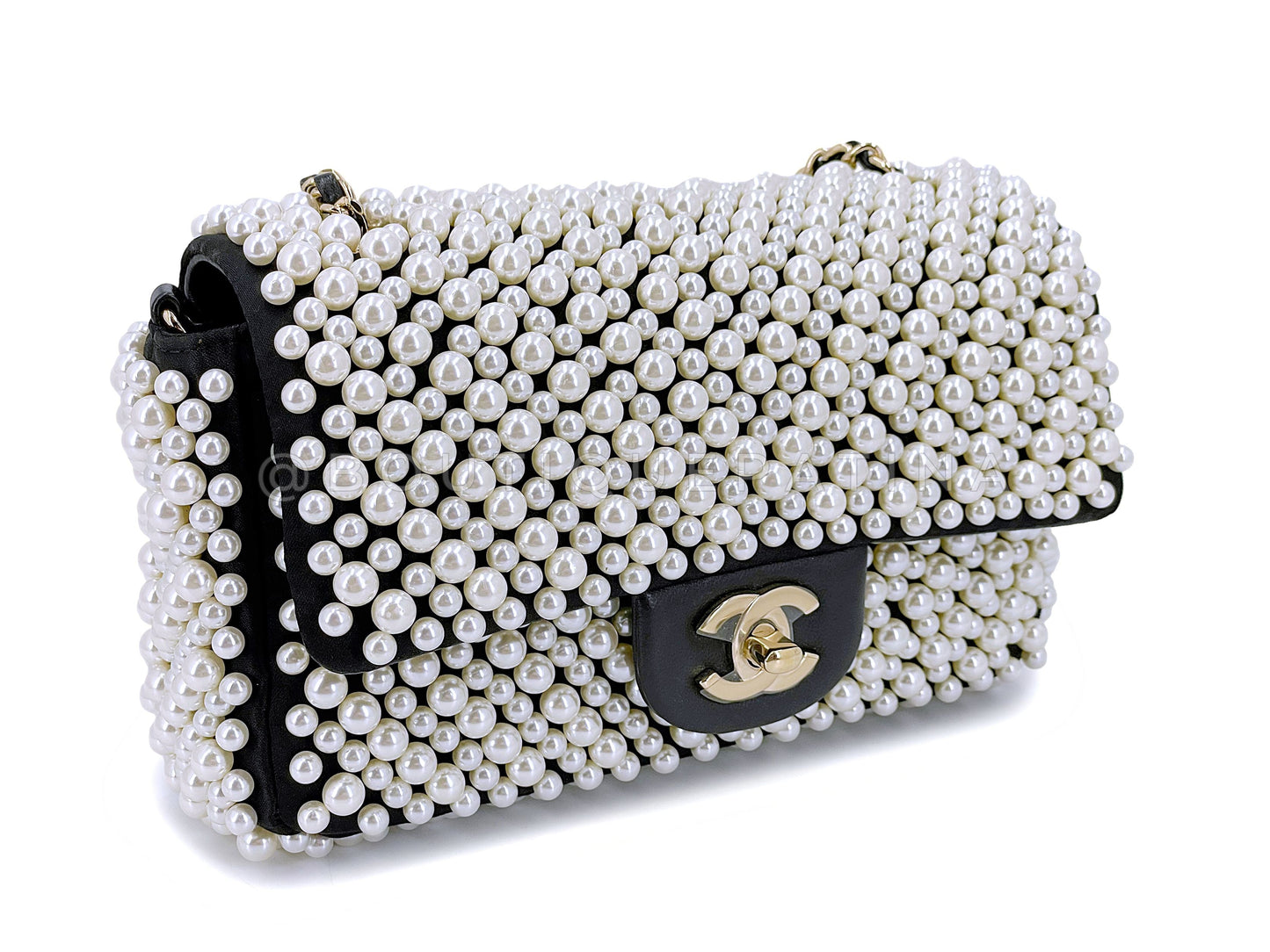 Rare 2019 Chanel Black Pearl Studded Mini Classic Flap Bag GHW