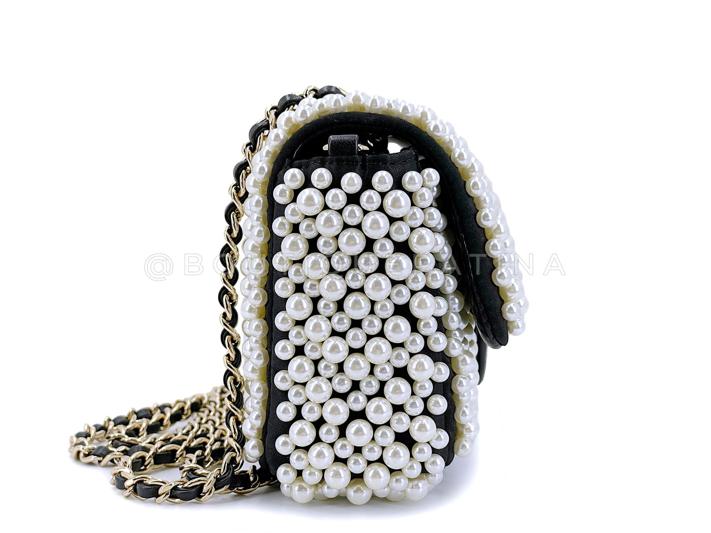 Rare 2019 Chanel Black Pearl Studded Mini Classic Flap Bag GHW