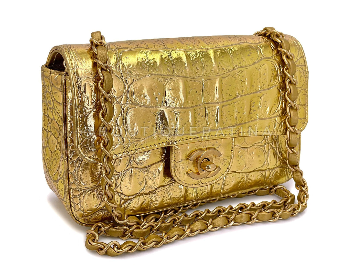 Chanel 19A Gold Crocodile Print Egyptian Mini Flap Bag GHW Paris-New York DG1