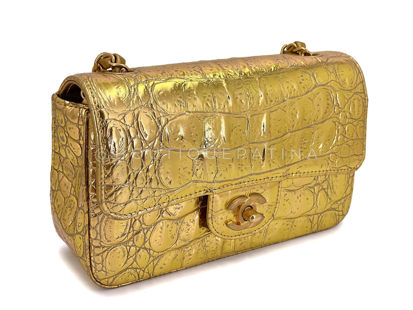 Chanel 19A Gold Crocodile Print Egyptian Mini Flap Bag GHW Paris-New York DG1