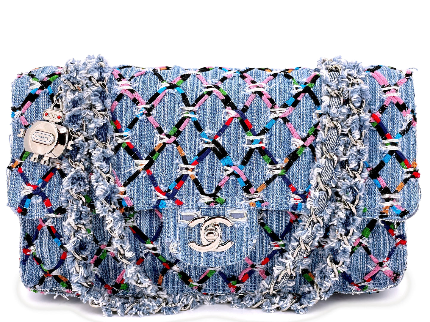 Chanel 17S Denim Rainbow Stitched Robot Charm Medium Flap Bag TFS