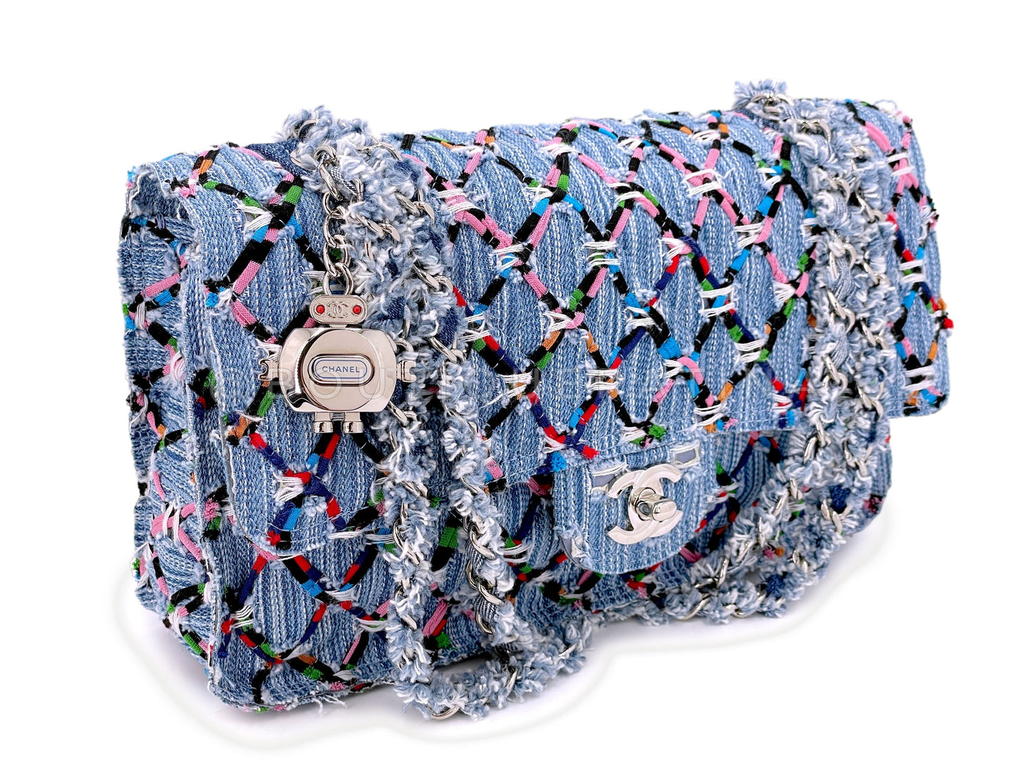 Chanel 17S Denim Rainbow Stitched Robot Charm Medium Flap Bag TFS