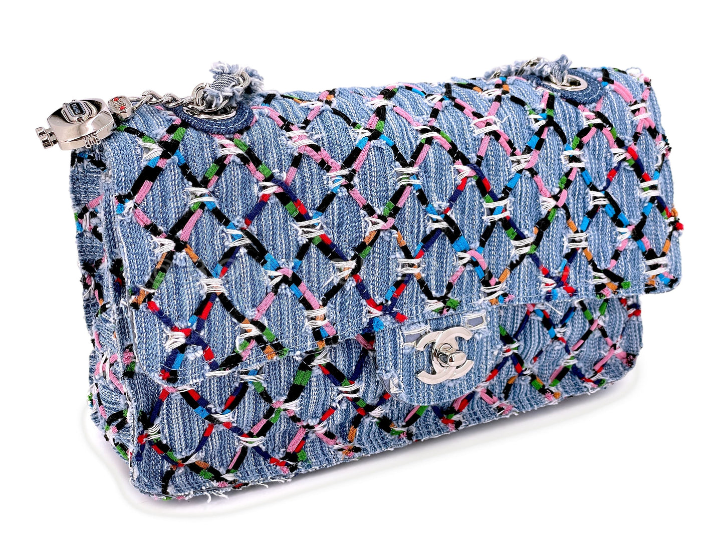 Chanel 17S Denim Rainbow Stitched Robot Charm Medium Flap Bag TFS