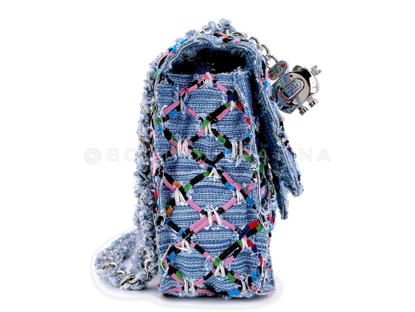 Chanel 17S Denim Rainbow Stitched Robot Charm Medium Flap Bag TFS