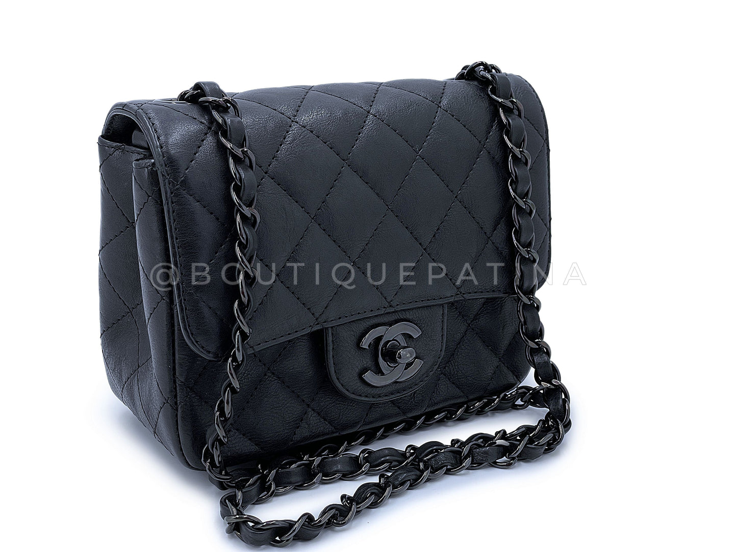 Rare Chanel So Black Crumpled Calfskin Classic Square Mini Flap Bag