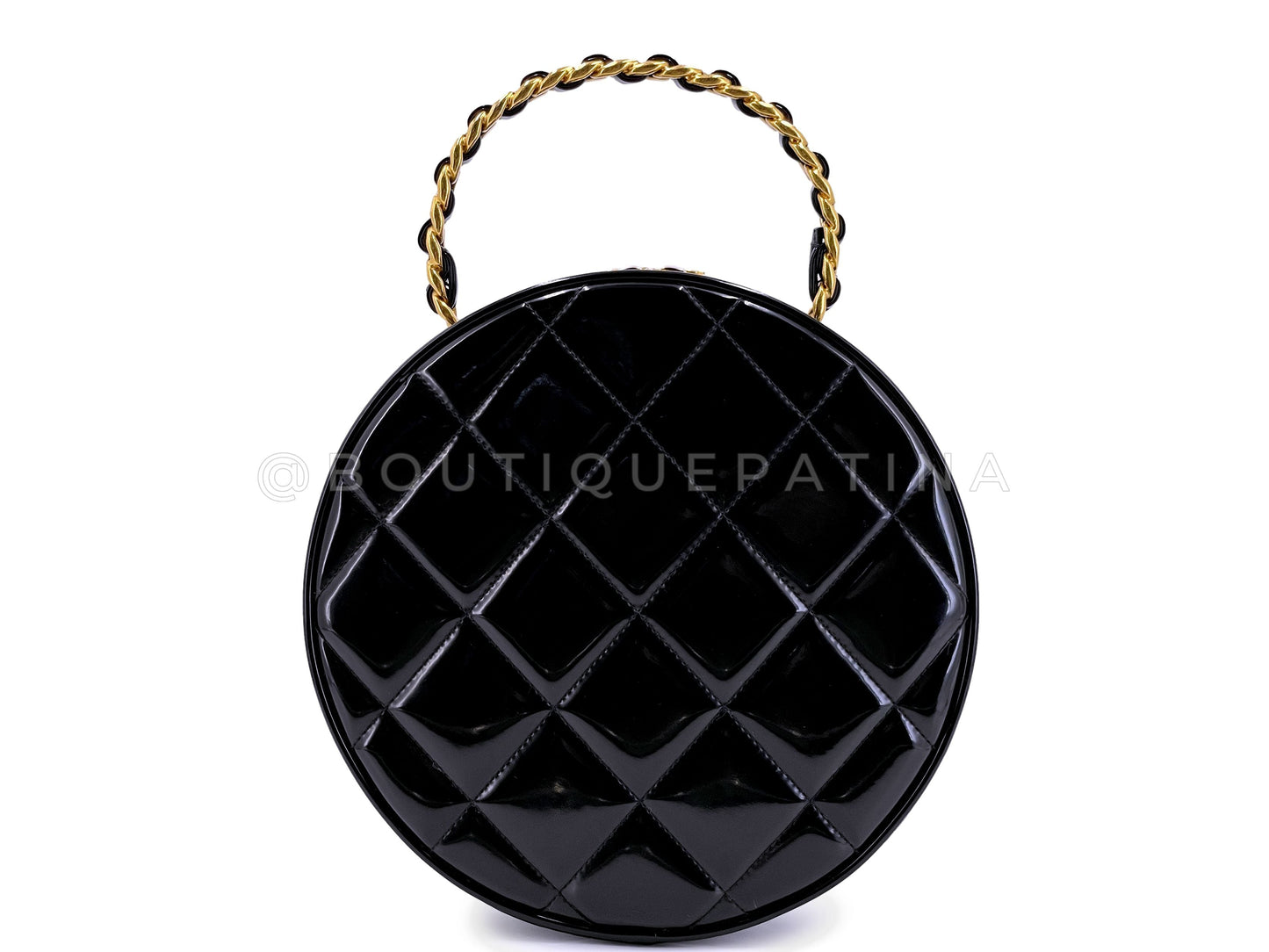 Rare Chanel 1995 "Barbie" Round Patent Circle Vanity Case Bag 24k GHW