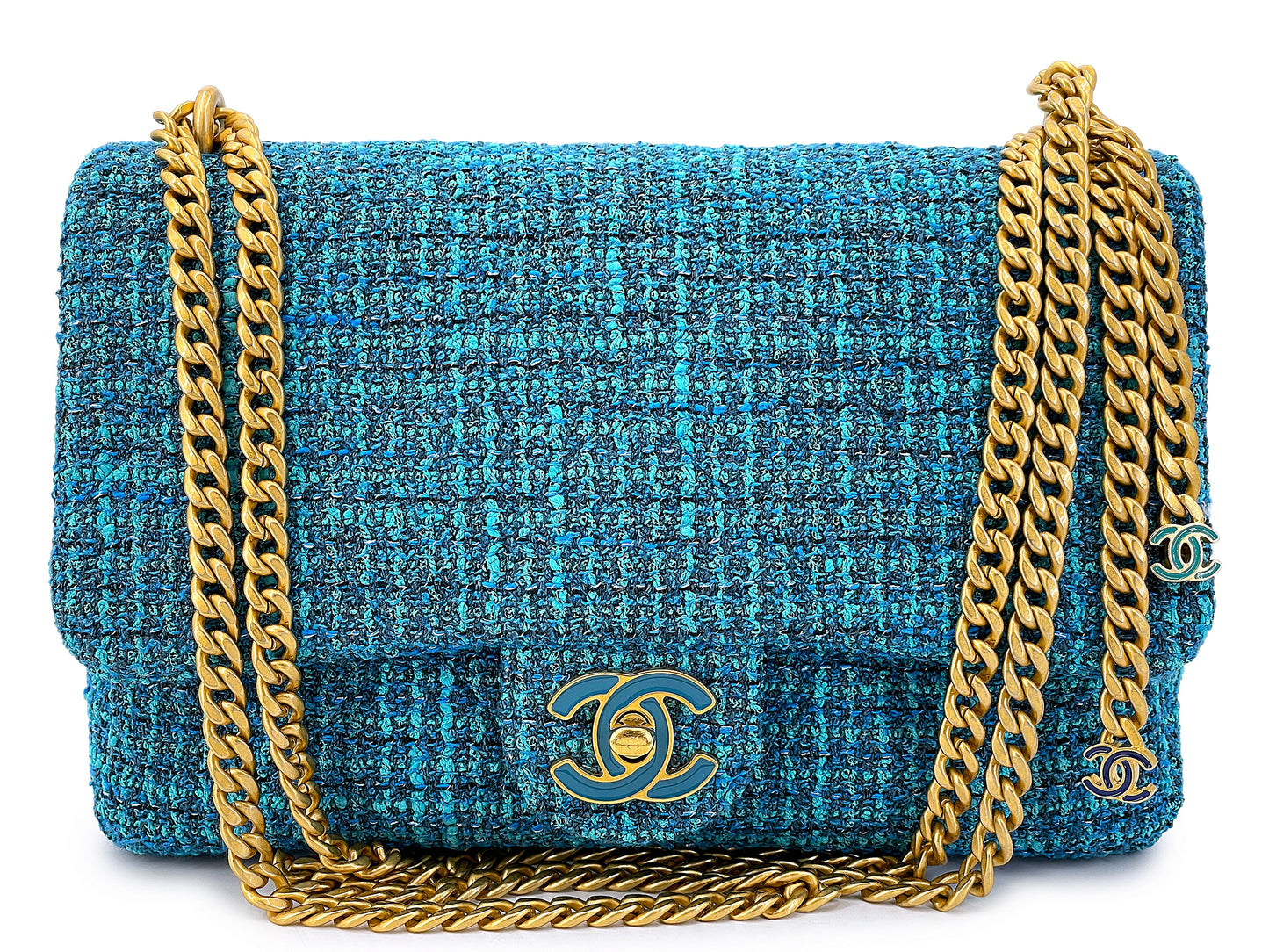 Chanel Rare Teal Blue Tweed Enamel CC Tassel Classic Flap Bag GHW