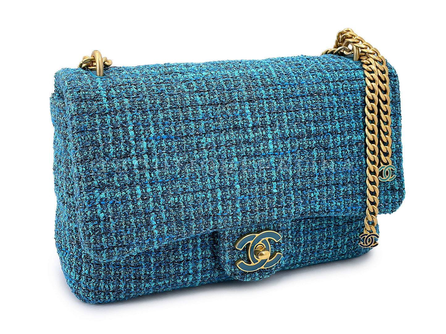 Chanel Rare Teal Blue Tweed Enamel CC Tassel Classic Flap Bag GHW