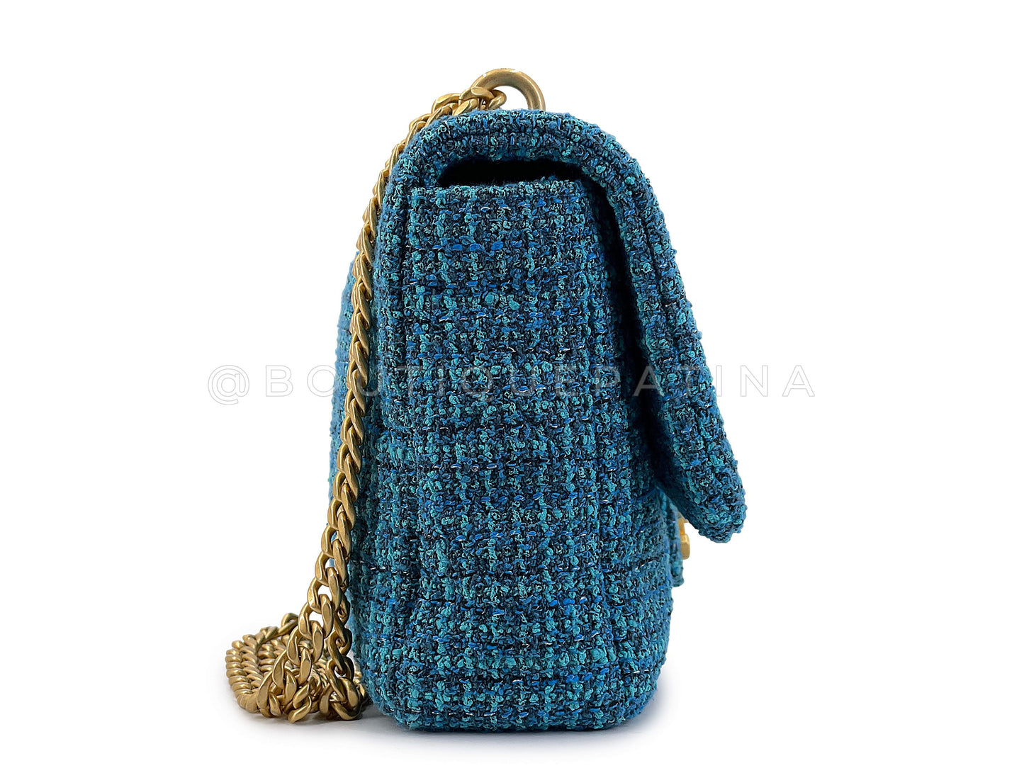 Chanel Rare Teal Blue Tweed Enamel CC Tassel Classic Flap Bag GHW
