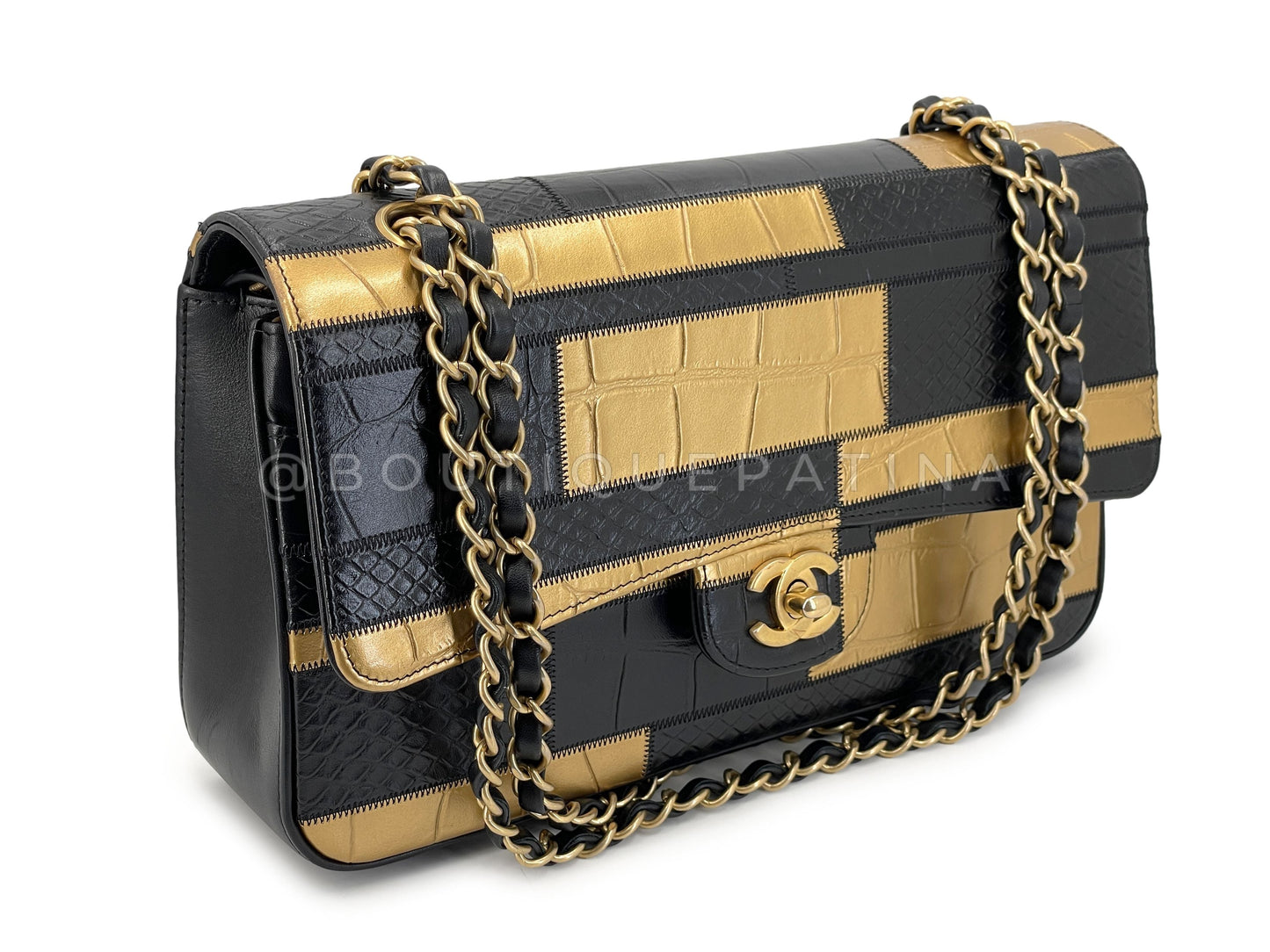 Chanel 19A Egypt Black/Gold Crocodile and Python Print Medium Classic Double Flap Bag GHW Paris-New York 925