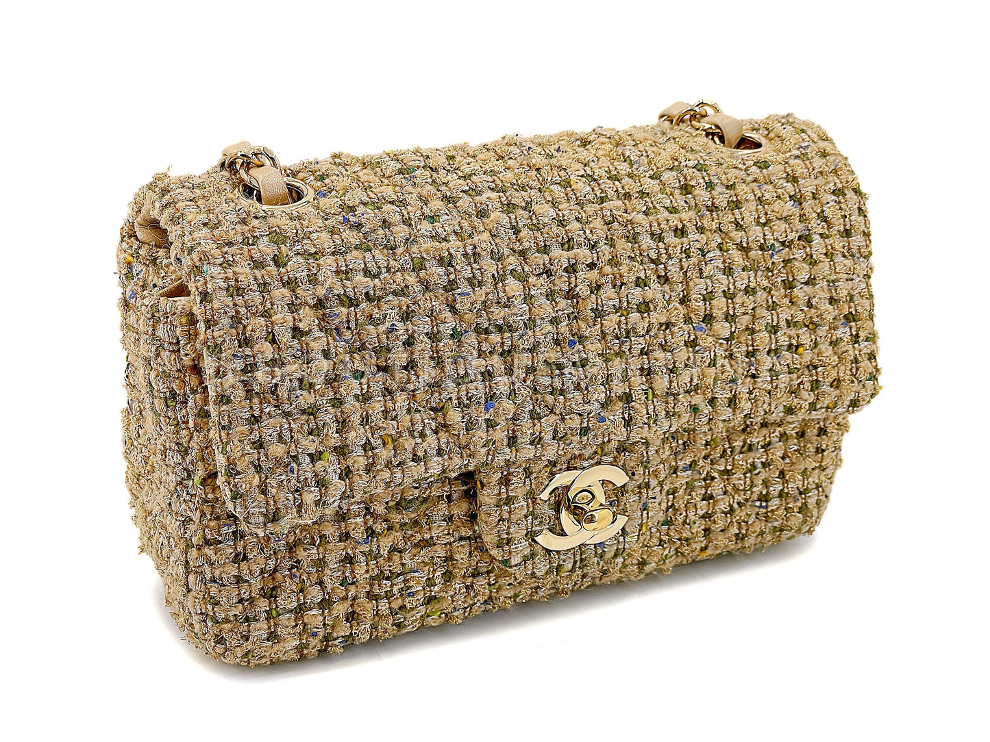 Chanel Caramel Beige Gold Tweed Rectangular Mini Flap Bag GHW