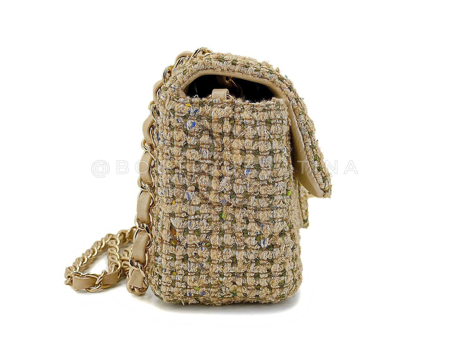 Chanel Caramel Beige Gold Tweed Rectangular Mini Flap Bag GHW