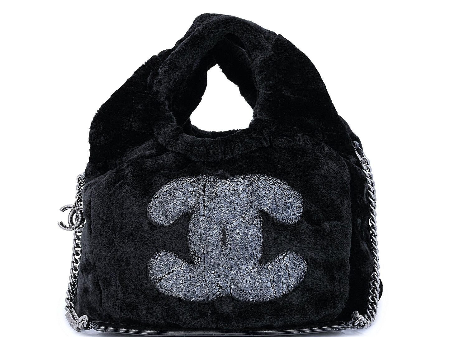 Rare Chanel 2010 Black Logo Fur Hobo Tote Bag SHW D7D